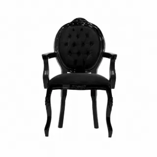 Cadeira Medalhão · Madeira Maciça All Black com Suede Preto Entalhada com Braços