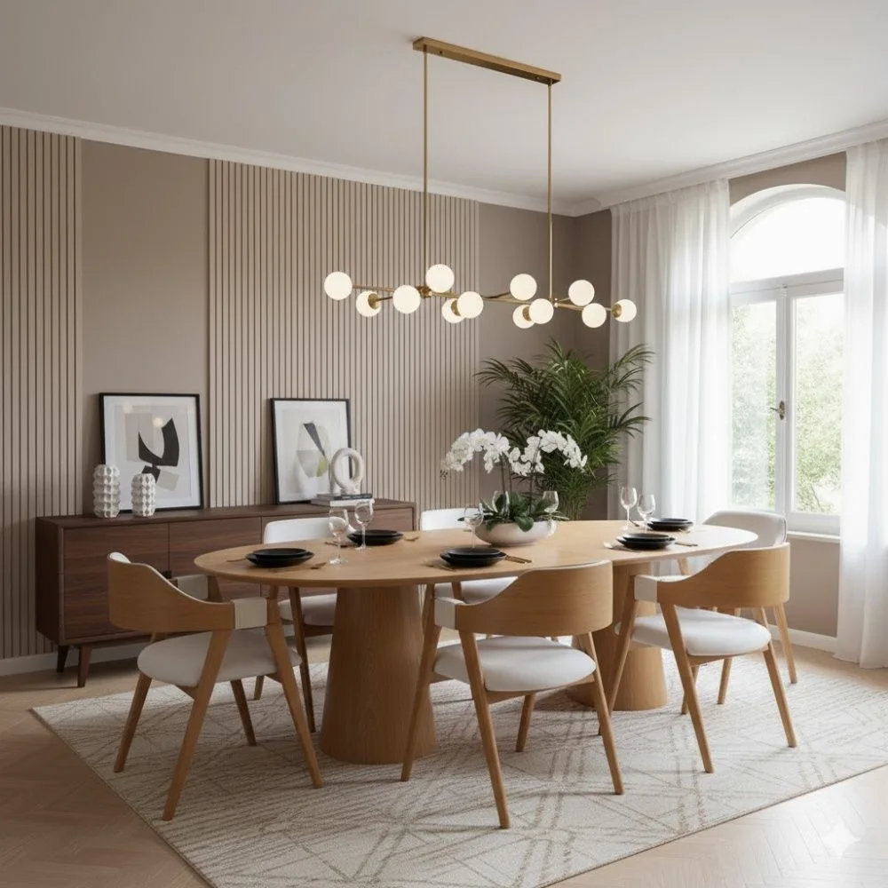 Sala de Jantar com Mesa Oblongo 2,20 m e 6 Cadeiras Enfield Amêndoa
