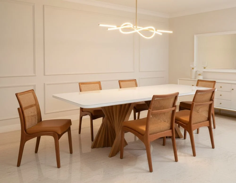 Sala de Jantar com Mesa Palens e 6 Cadeiras Paris com Rattan