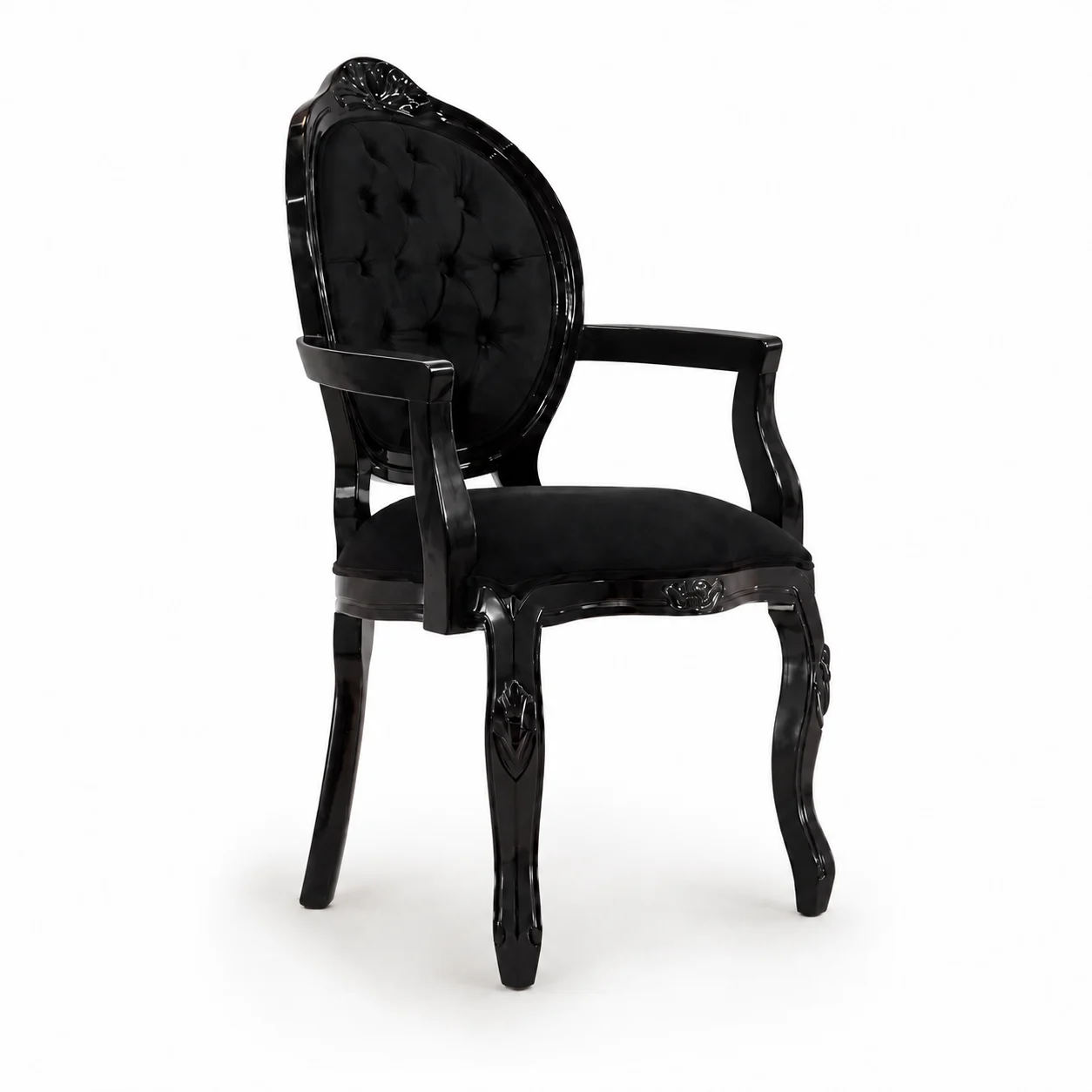 Cadeira Medalhão · Madeira Maciça All Black com Suede Preto Entalhada com Braços