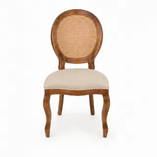 Cadeira Medalhão com Rattan em Madeira Imbuia — Linho Areia