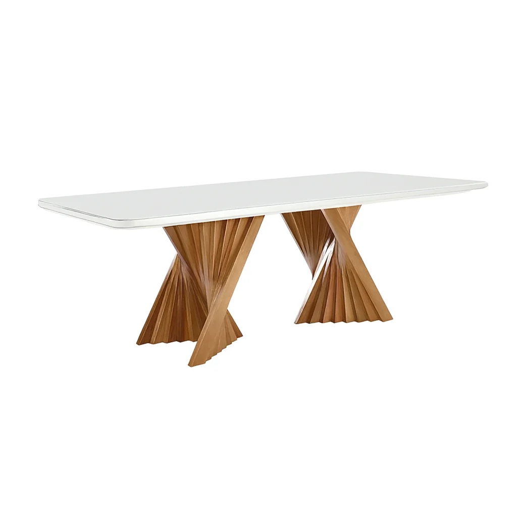 Mesa de Jantar Palens MAVENA em madeira amêndoa, com tampo de vidro branco, vista geral
