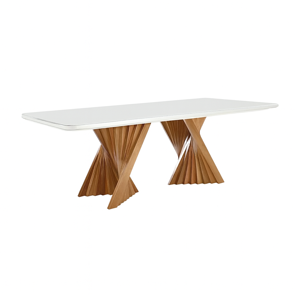 Mesa de Jantar Palens MAVENA em madeira amêndoa, com tampo de vidro branco, vista geral