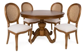 Conjunto de Jantar Medalhão Mesa e 4 Cadeiras Com Rattan e Linho Areia — Medalhão Mesa e 4 Cadeiras Com Rattan e Linho Areia, imagem 3 da galeria