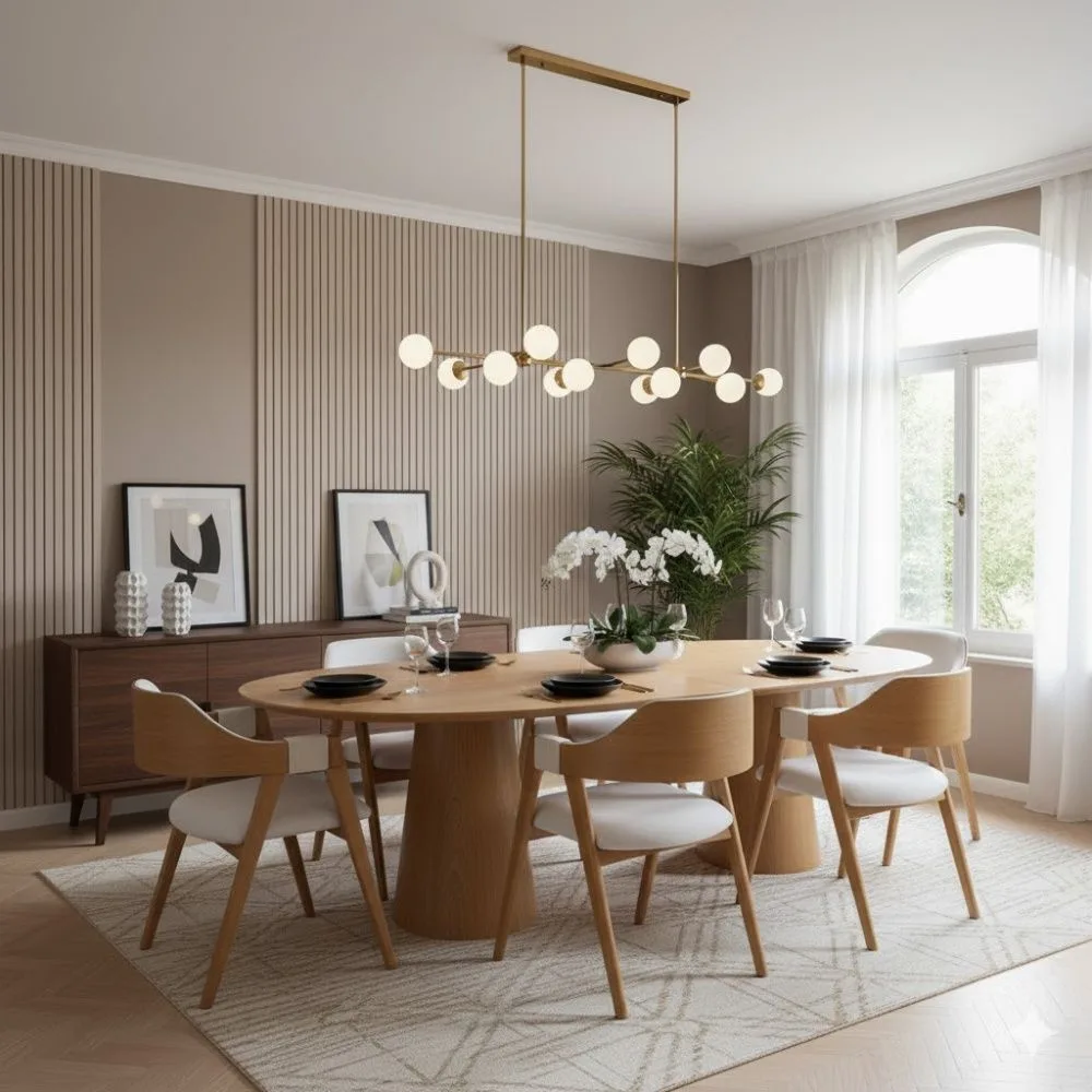 Conjunto de Jantar Mesa Oblongo 1,80m e 6 Cadeiras Enfield Amêndoa com Linho Areia — Mesa Oblongo 1,80m e 6 Cadeiras Enfield Amêndoa com Linho Areia, imagem 1 da galeria