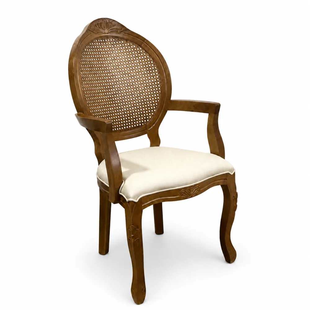 Cadeira Medalhão Entalhada com Braços — Imbuia com Rattan e Braços Facto Pérola, imagem 1 da galeria